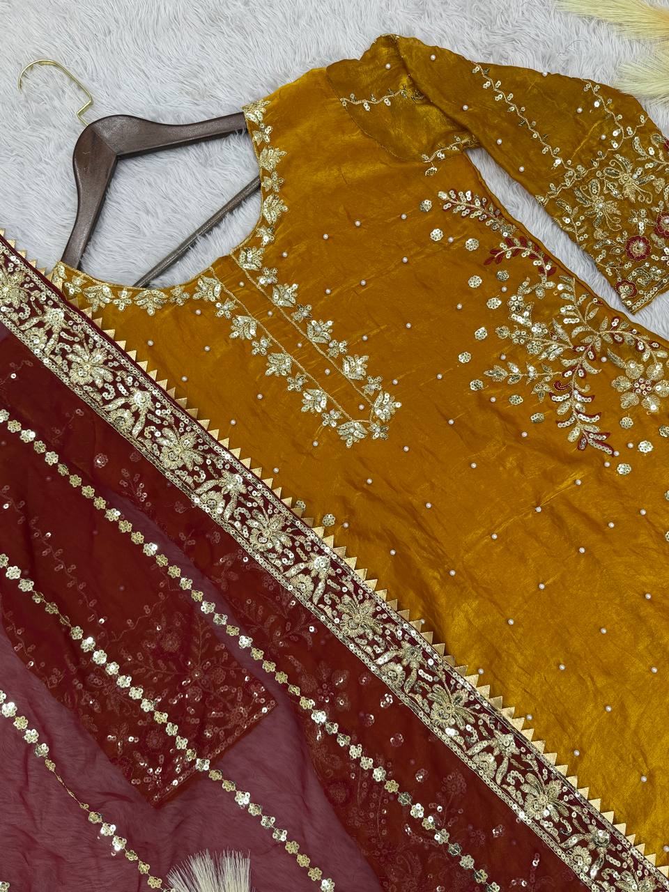 Fantastic Mustard Color Heavy Frendy Silk Beautiful Embroidery And Sequence Work Palazzo Suit