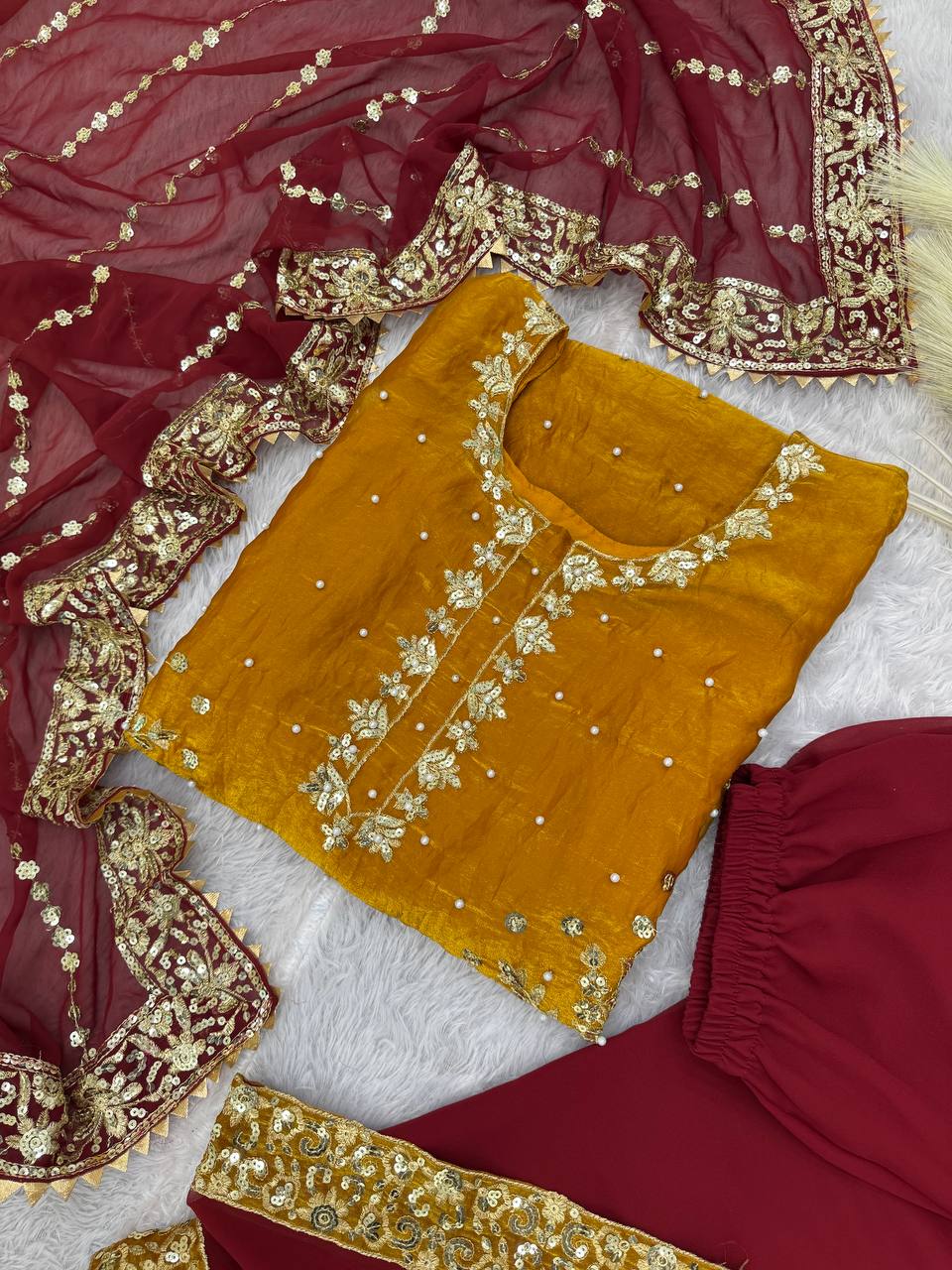 Fantastic Mustard Color Heavy Frendy Silk Beautiful Embroidery And Sequence Work Palazzo Suit