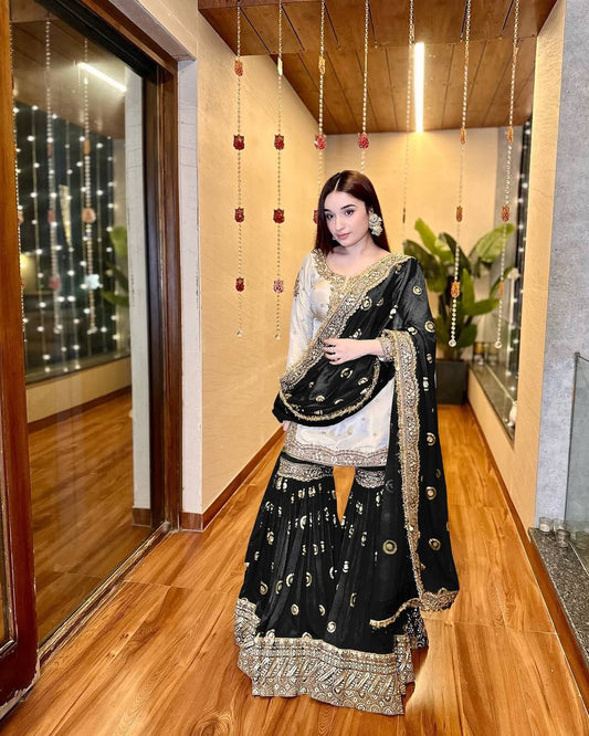 Wedding Wear Black Color Heavy Chinon With Embroidered Sequence Work Designer Sharara Suit