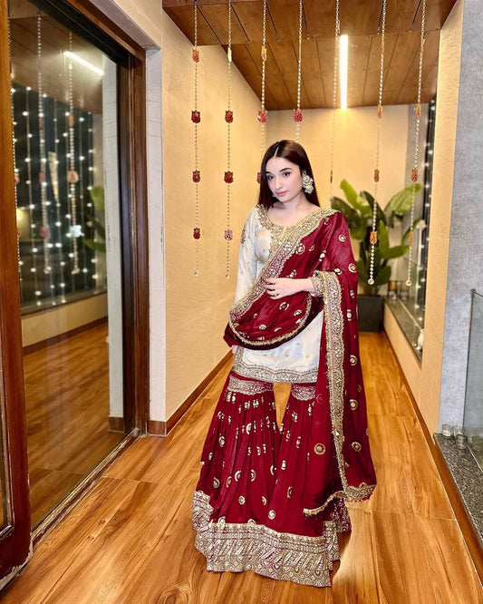 Occassion Wear Maroon Color Heavy Chinon With Embroidered Sequence Work Designer Sharara Suit