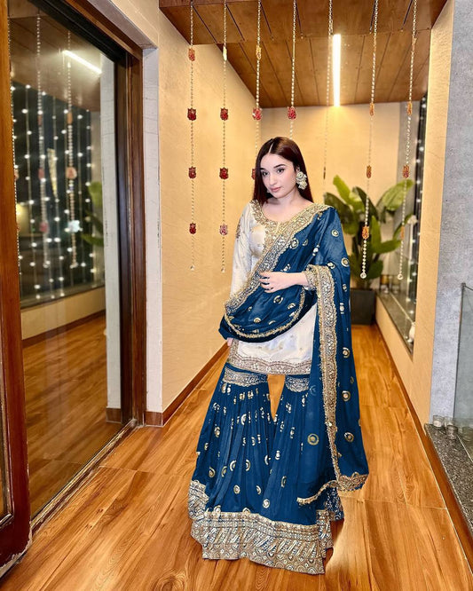 Ceremony Wear Teal Color Heavy Chinon With Embroidered Sequence Work Designer Sharara Suit