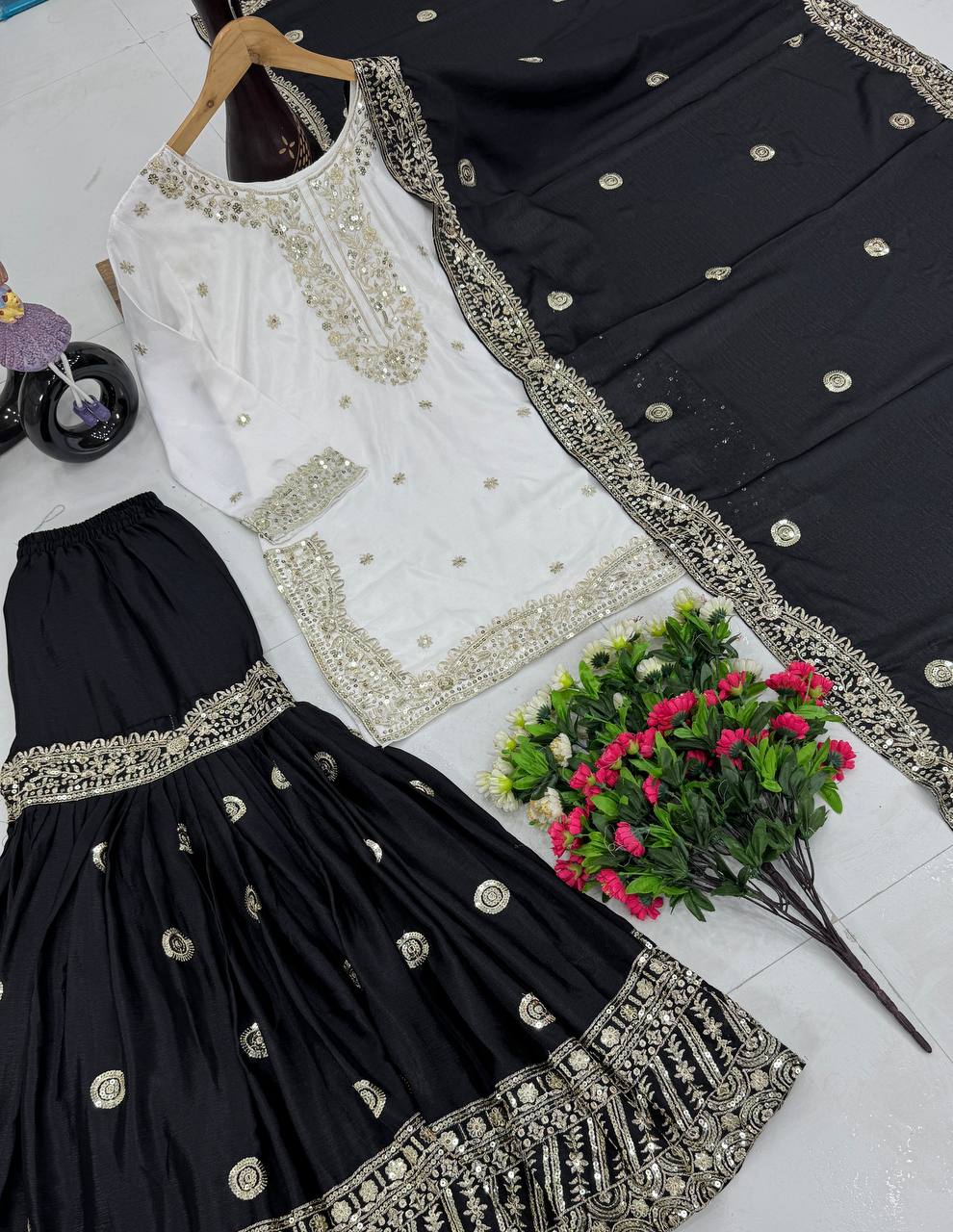Wedding Wear Black Color Heavy Chinon With Embroidered Sequence Work Designer Sharara Suit