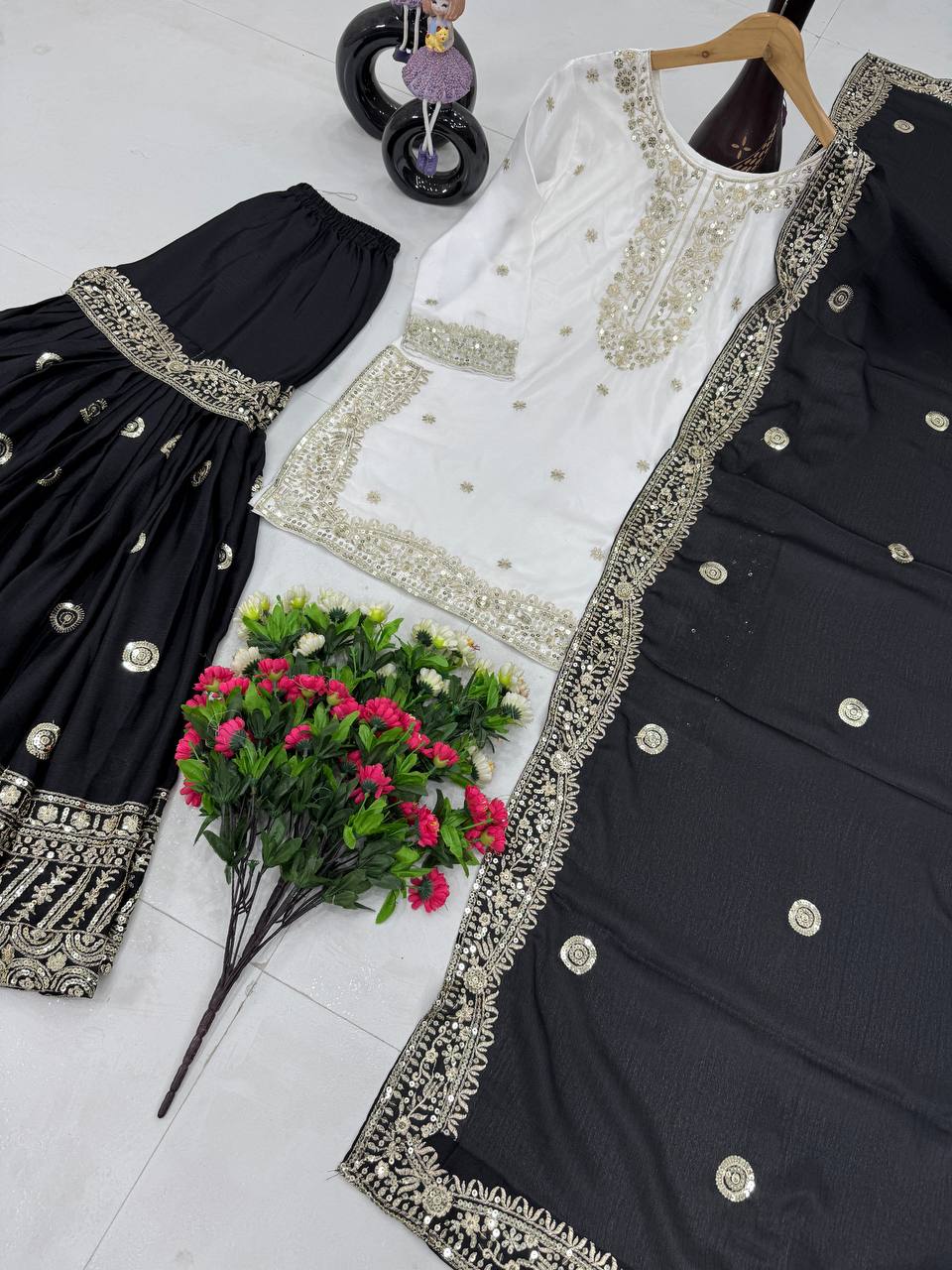 Wedding Wear Black Color Heavy Chinon With Embroidered Sequence Work Designer Sharara Suit