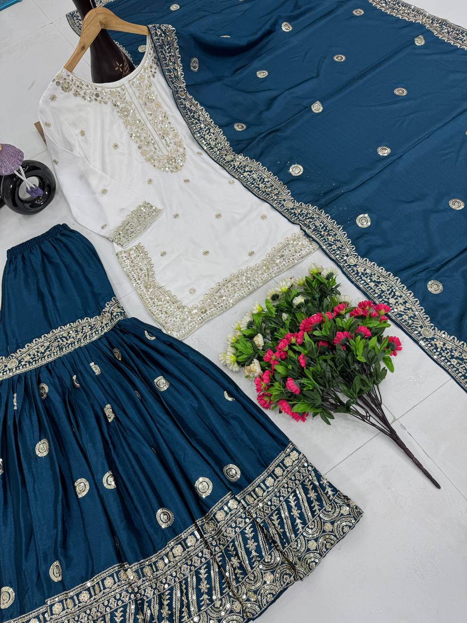 Ceremony Wear Teal Color Heavy Chinon With Embroidered Sequence Work Designer Sharara Suit
