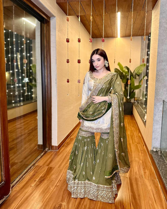 Party Wear Mahendi Green Color Heavy Chinon With Embroidered Sequence Work Designer Sharara Suit