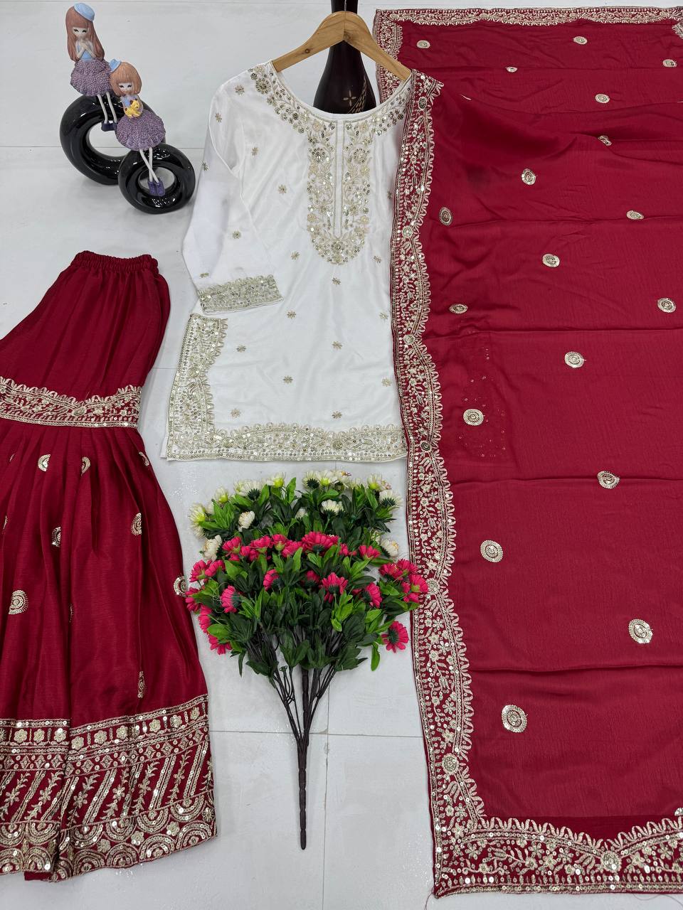 Occassion Wear Maroon Color Heavy Chinon With Embroidered Sequence Work Designer Sharara Suit