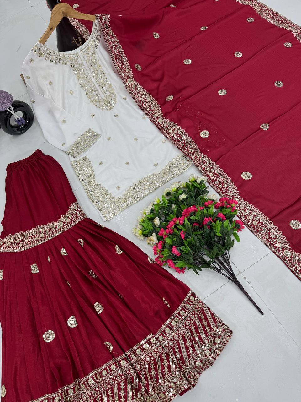 Occassion Wear Maroon Color Heavy Chinon With Embroidered Sequence Work Designer Sharara Suit