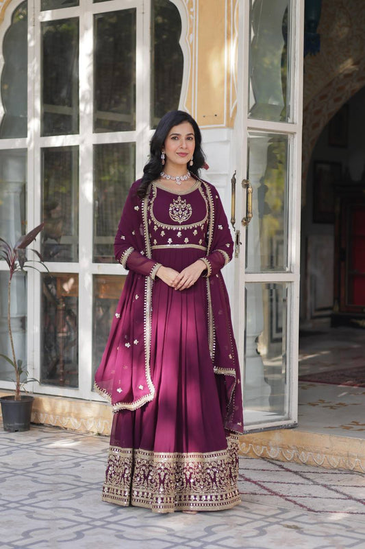Beautiful Wine Color Faux Blooming Georgette With Rich Sequins Embroidered Work Designer Gown
