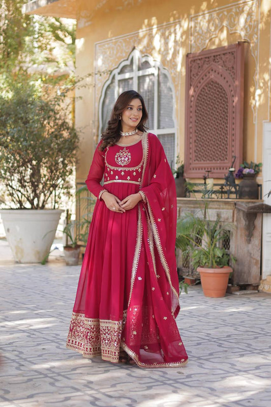 Beautiful Rani Pink Color Faux Blooming Georgette With Rich Sequins Embroidered Work Designer Gown