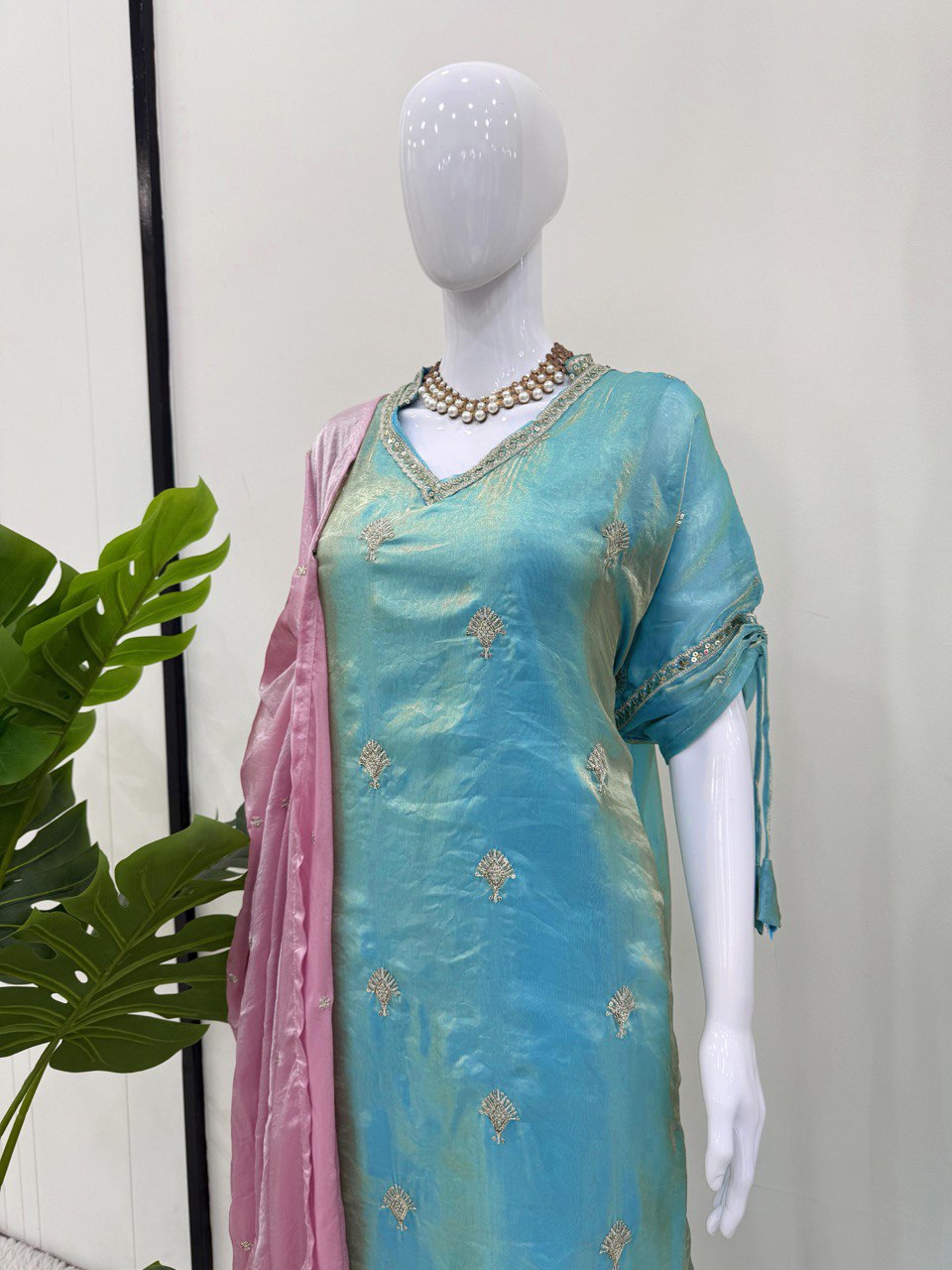 Embellished Sky Blue Color Japan Satin With Embroidery Work Salwar Suit WIth Kaftan