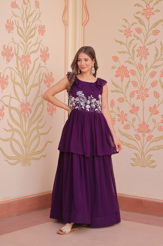 Superhit Purple Color Faux Blooming With Beads Embroidered Work Gown