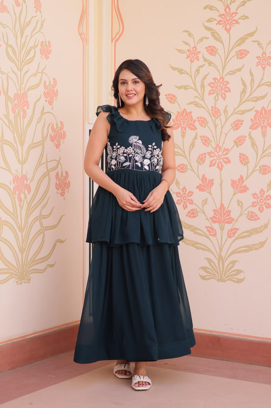 Admiring Rama Color Faux Blooming With Beads Embroidered Work Gown