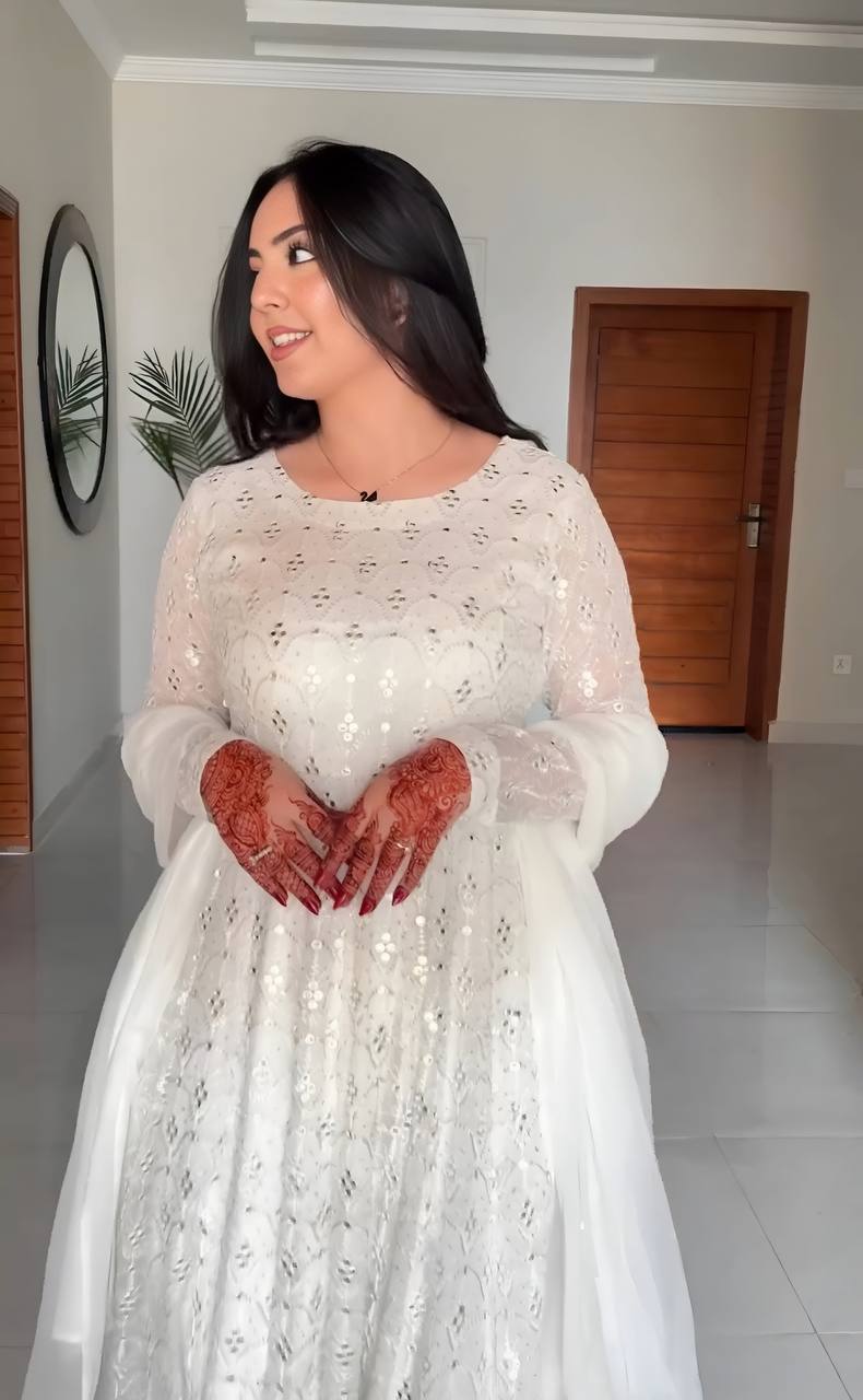 Gorgeous White Color Faux Blooming With Heavy Sequins And Thread Embroidered Work Palazzo Suit