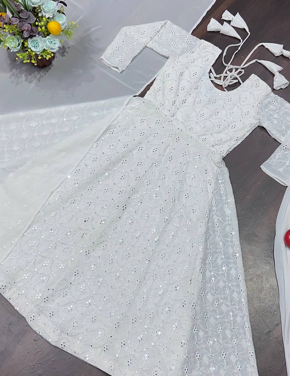 Gorgeous White Color Faux Blooming With Heavy Sequins And Thread Embroidered Work Palazzo Suit