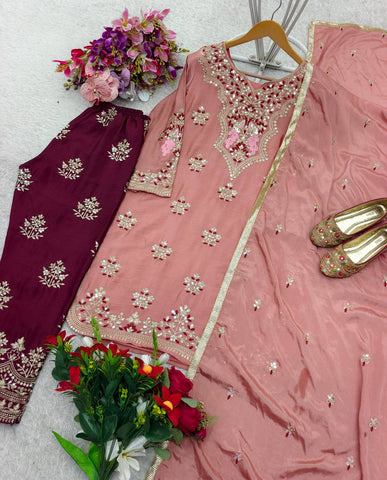 Ceremony Wear Chocolate Color Pure Cinon Silk With Heavy Embroidery 5mm Sequence Work Salwar Suit