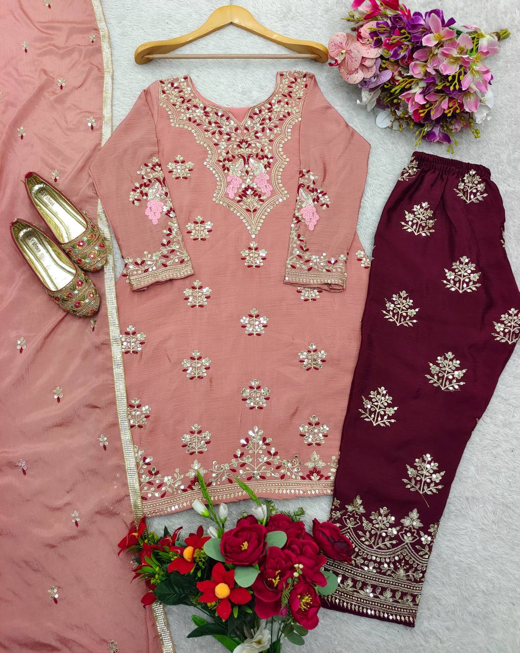 Ceremony Wear Chocolate Color Pure Cinon Silk With Heavy Embroidery 5mm Sequence Work Salwar Suit