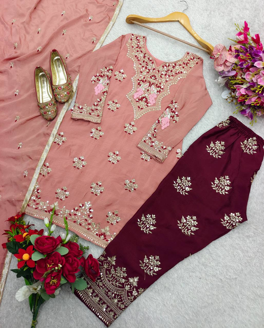 Ceremony Wear Chocolate Color Pure Cinon Silk With Heavy Embroidery 5mm Sequence Work Salwar Suit