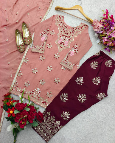 Ceremony Wear Chocolate Color Pure Cinon Silk With Heavy Embroidery 5mm Sequence Work Salwar Suit