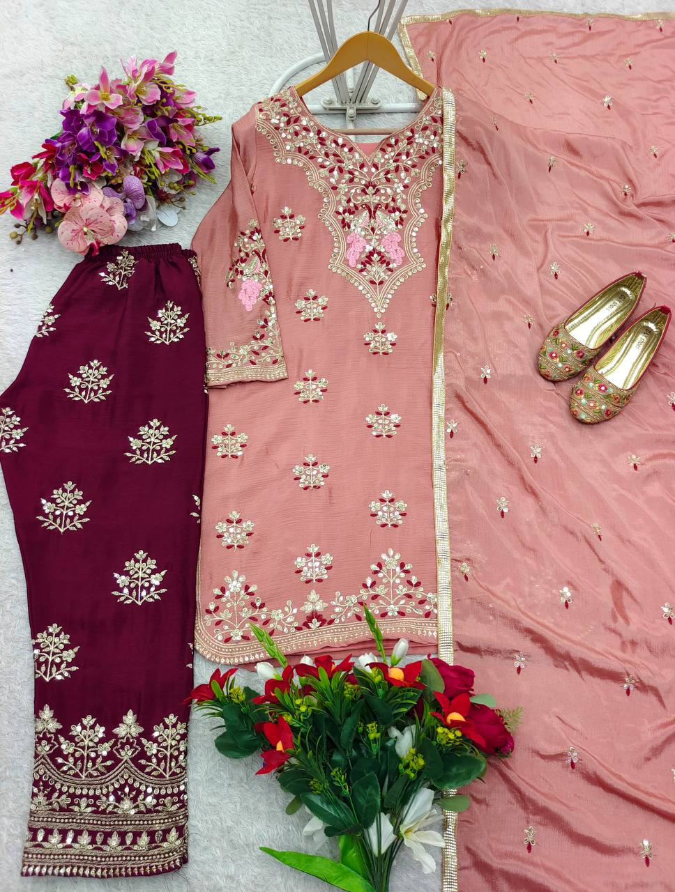 Ceremony Wear Chocolate Color Pure Cinon Silk With Heavy Embroidery 5mm Sequence Work Salwar Suit