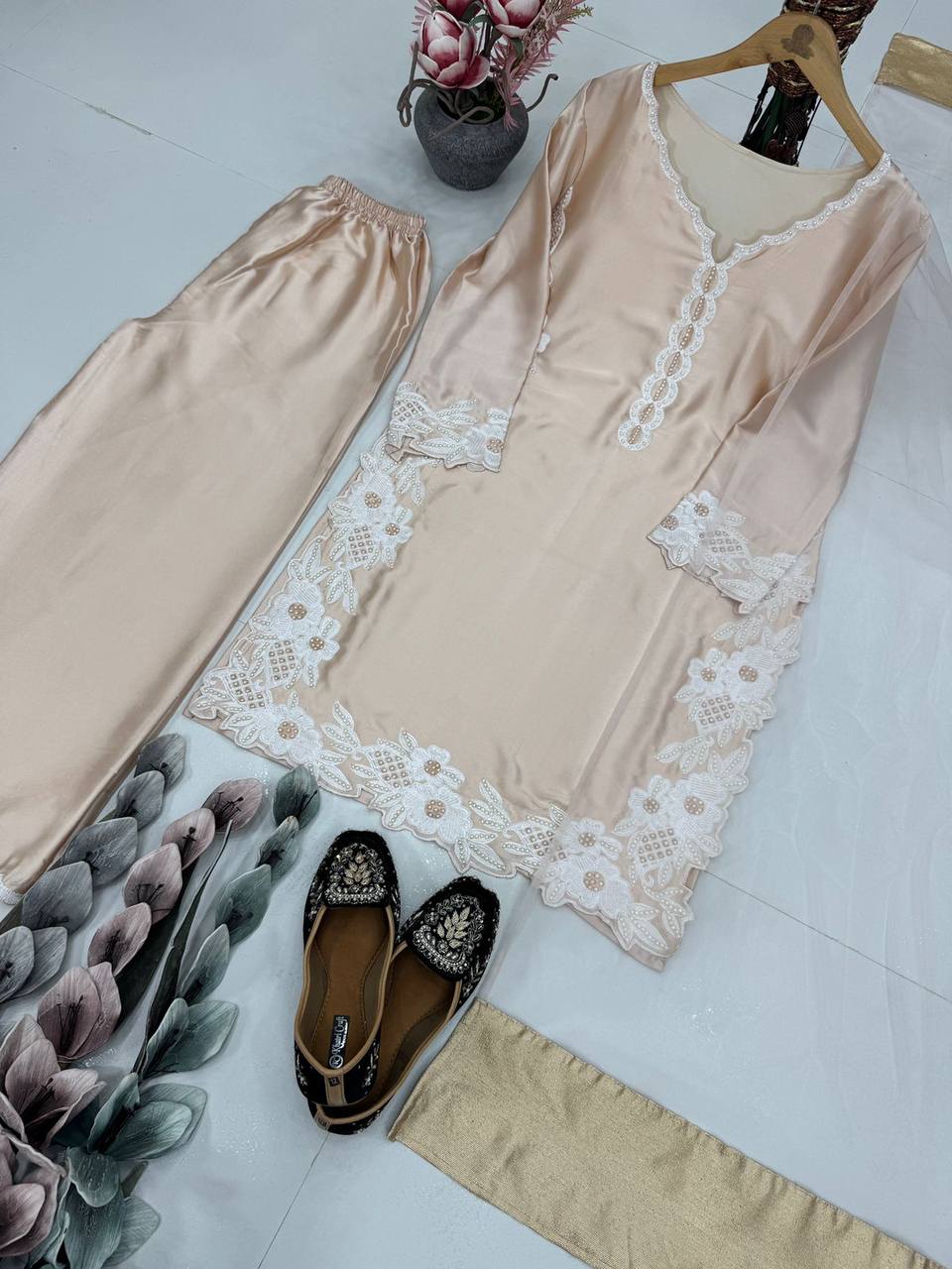 Wedding Wear Cream Color Heavy Natural Silk With Embroidery Work Salwar Suit