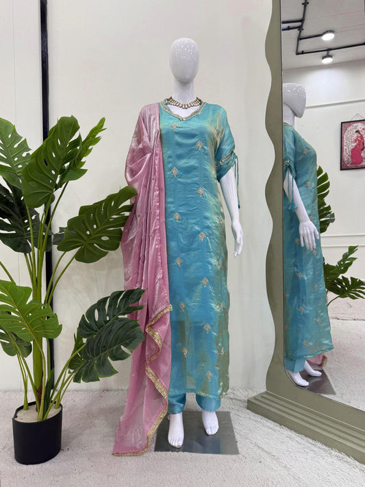 Embellished Sky Blue Color Japan Satin With Embroidery Work Salwar Suit WIth Kaftan