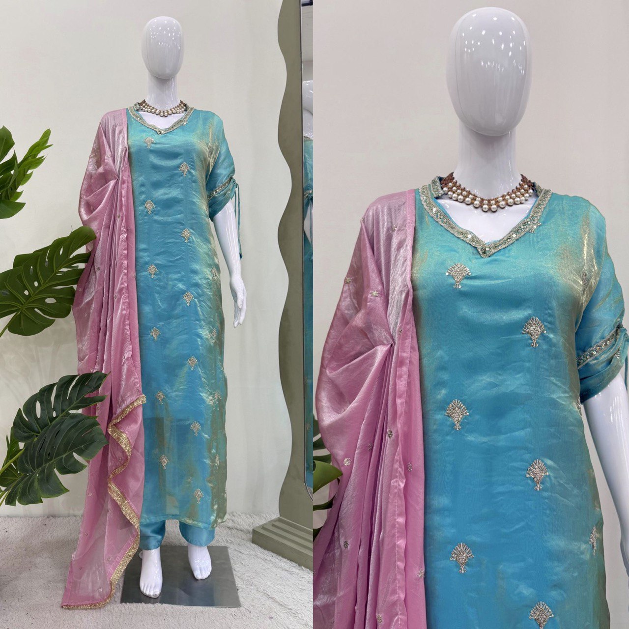 Embellished Sky Blue Color Japan Satin With Embroidery Work Salwar Suit WIth Kaftan