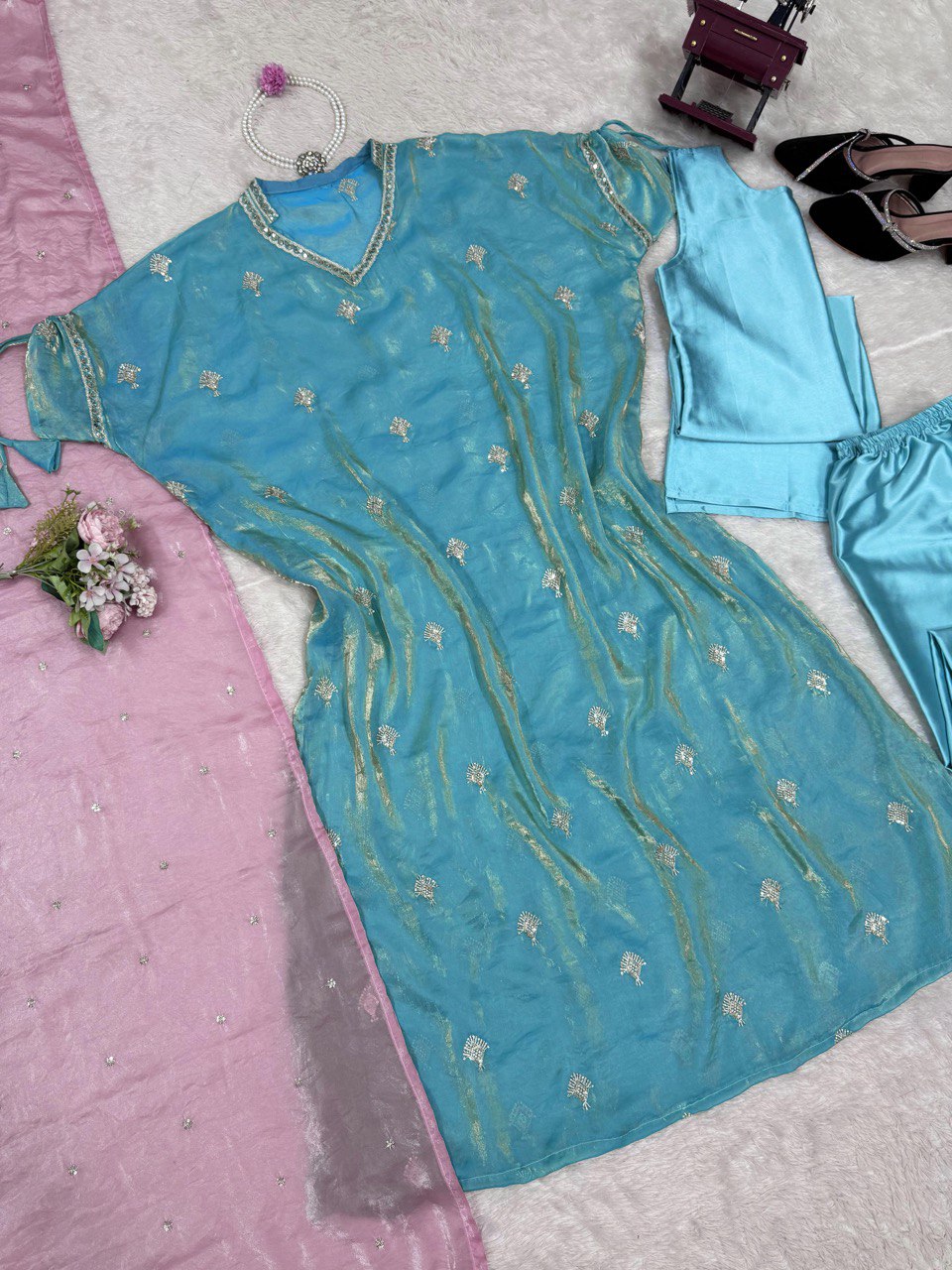 Embellished Sky Blue Color Japan Satin With Embroidery Work Salwar Suit WIth Kaftan