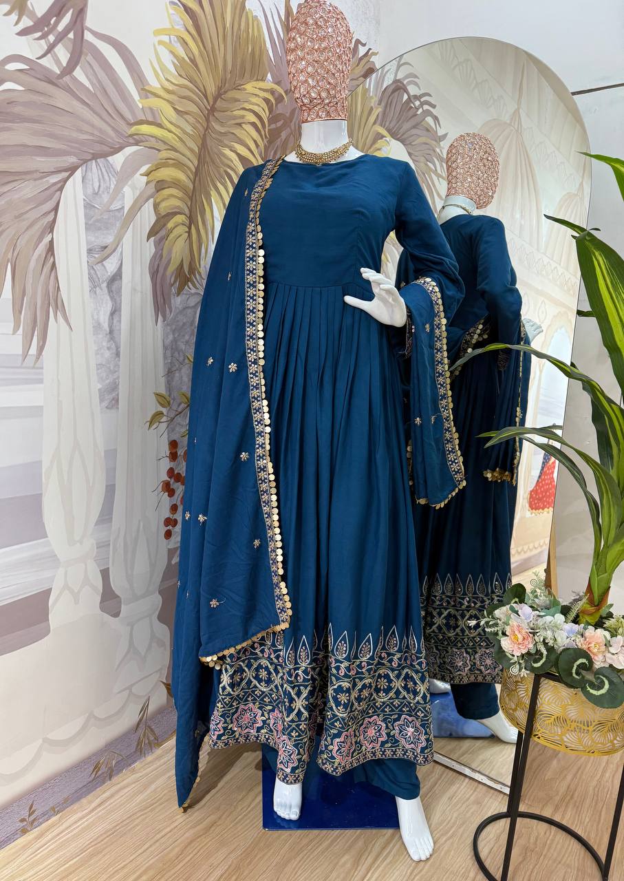 Function Wear Teal Blue Color Embroidery Work On Daman Patta Gown With Flair