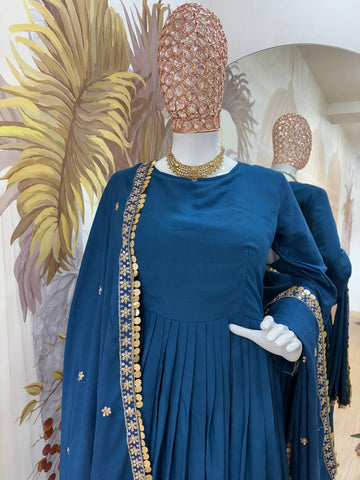 Function Wear Teal Blue Color Embroidery Work On Daman Patta Gown With Flair