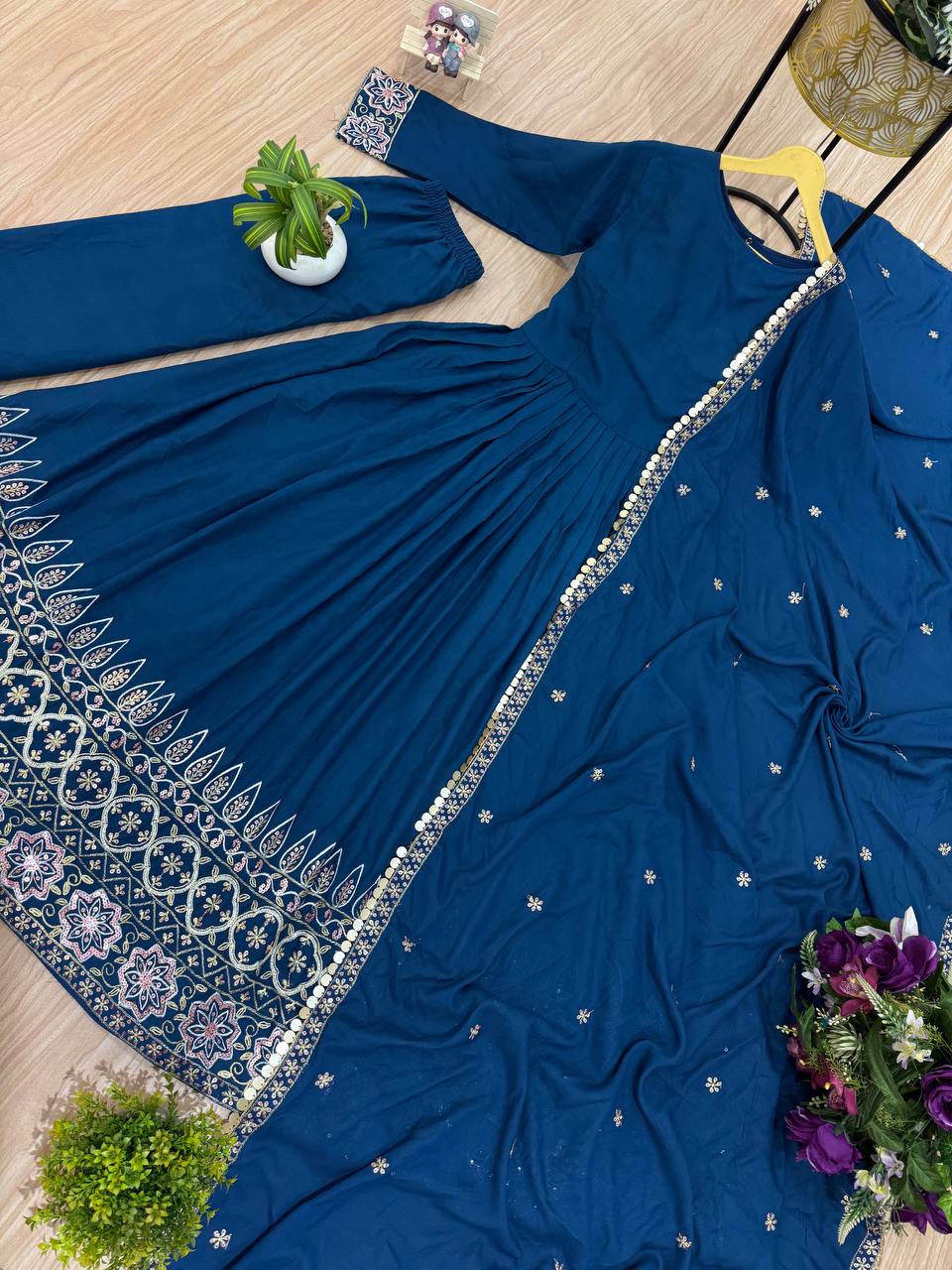 Function Wear Teal Blue Color Embroidery Work On Daman Patta Gown With Flair