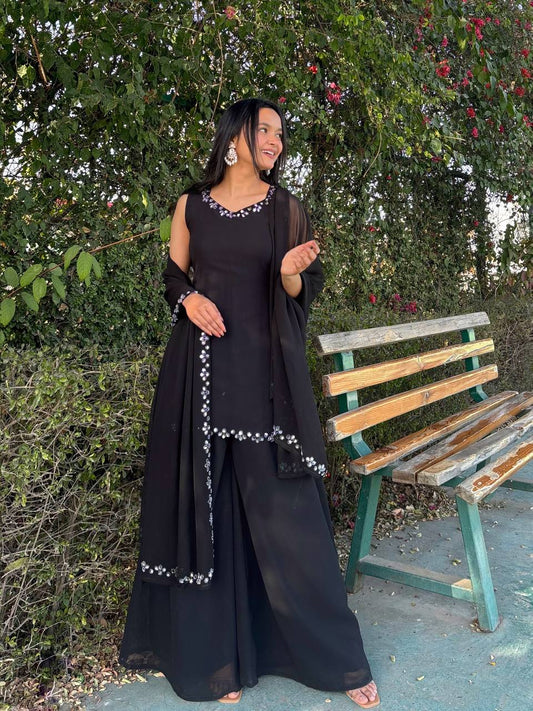 Engagement Wear Black Color Georgette Kurta With Real Mirror Work Palazzo Suit