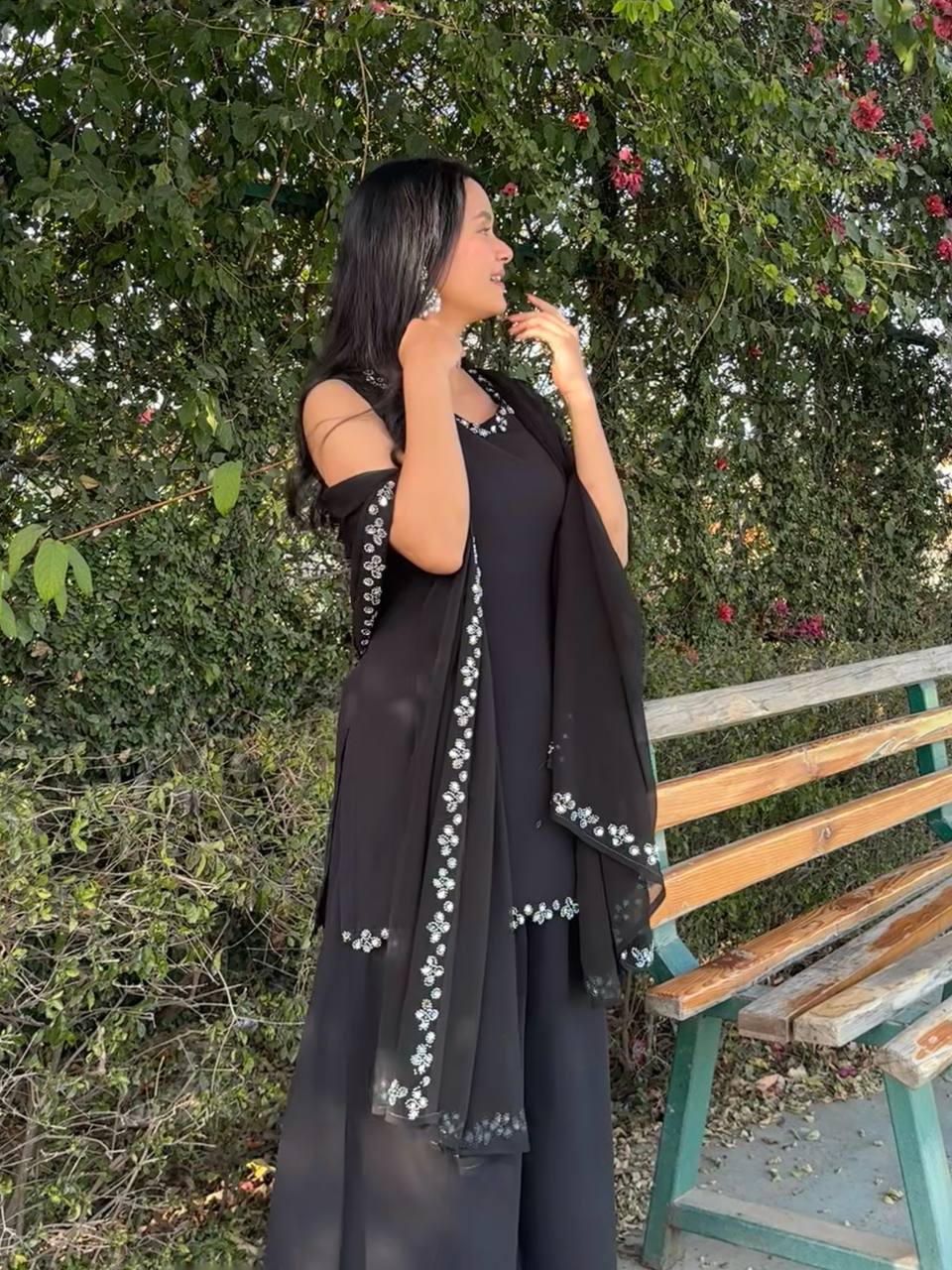 Engagement Wear Black Color Georgette Kurta With Real Mirror Work Palazzo Suit