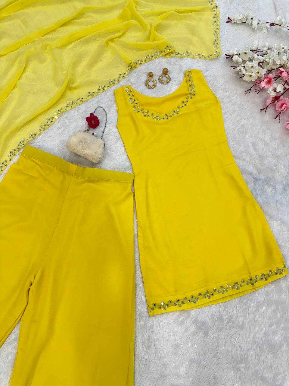 Haldi special Yellow Color Georgette Kurta With Real Mirror Work Palazzo Suit