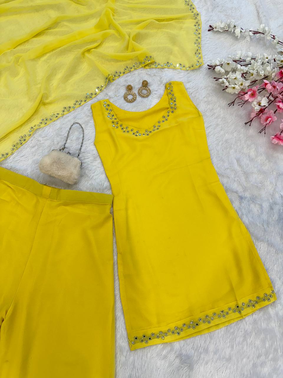 Haldi special Yellow Color Georgette Kurta With Real Mirror Work Palazzo Suit