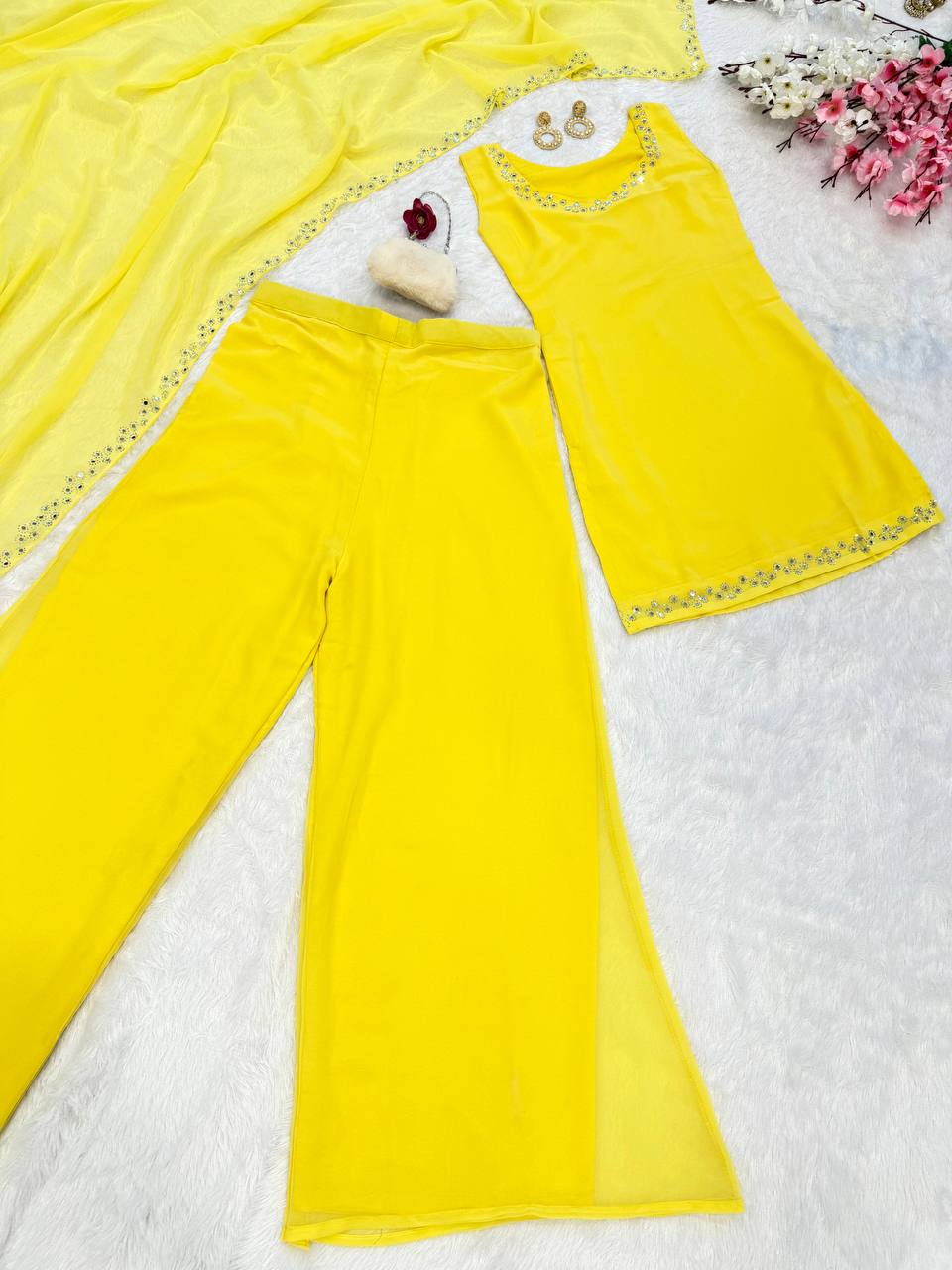 Haldi special Yellow Color Georgette Kurta With Real Mirror Work Palazzo Suit