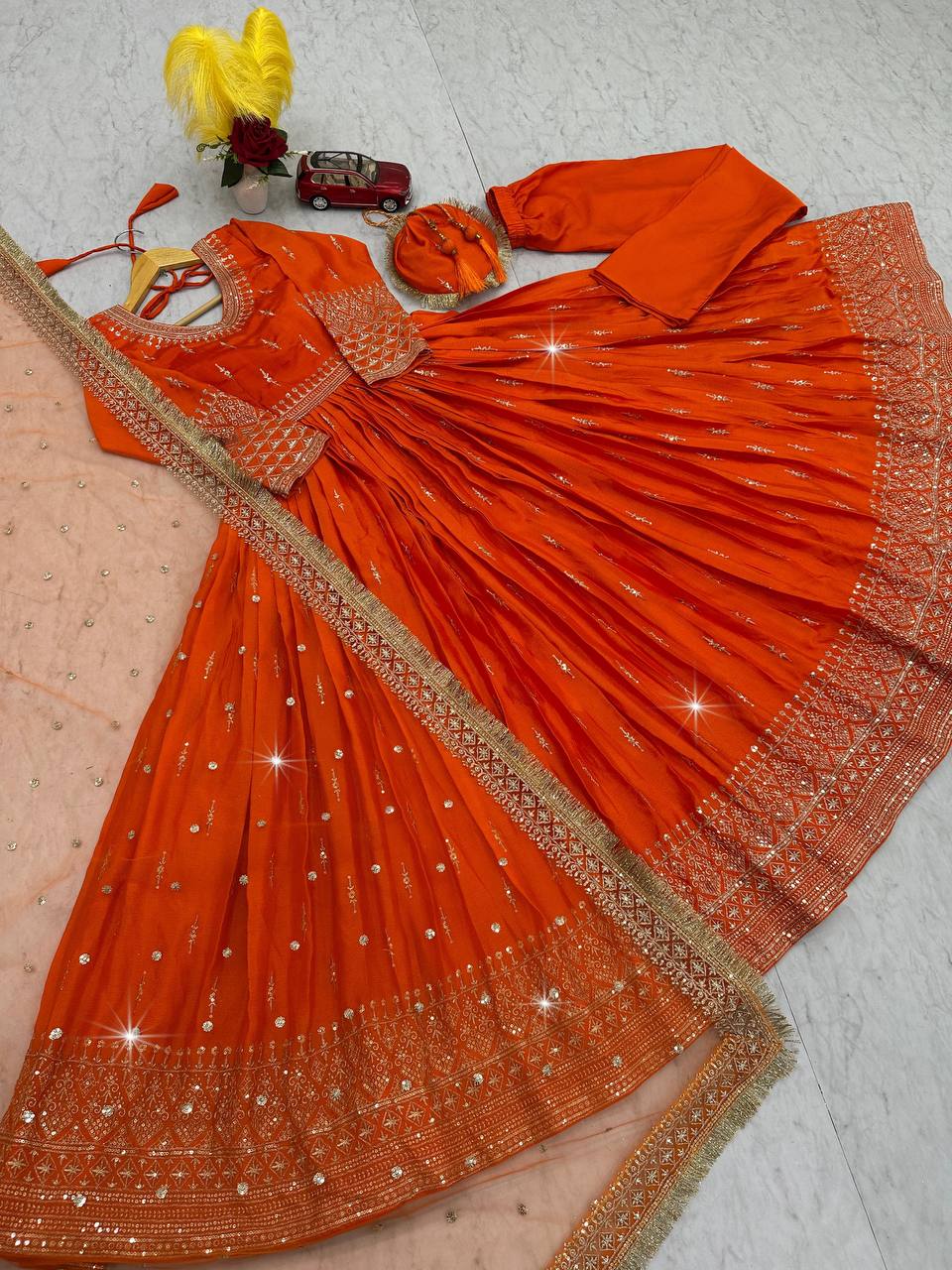 Embellished Orange Color Heavy Pure Chinon Silk  Embroidery Sequence Work Gown