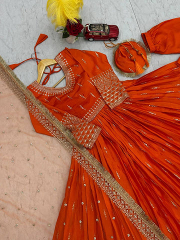 Embellished Orange Color Heavy Pure Chinon Silk  Embroidery Sequence Work Gown