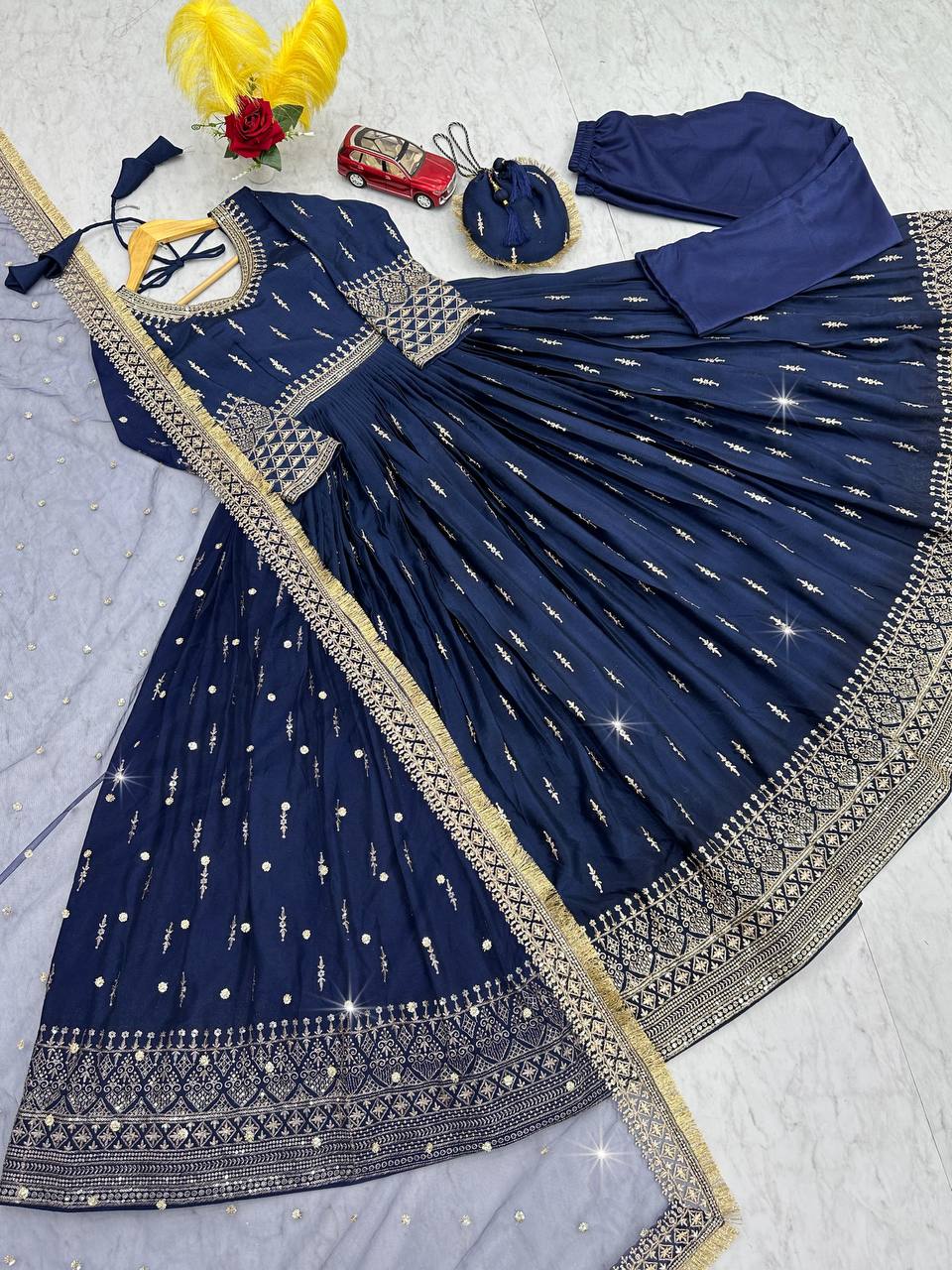 Marvelous Navy Color Heavy Pure Chinon Silk Embroidery Sequence Work Gown