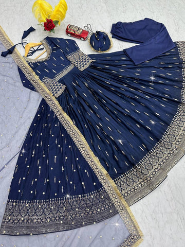 Marvelous Navy Color Heavy Pure Chinon Silk Embroidery Sequence Work Gown