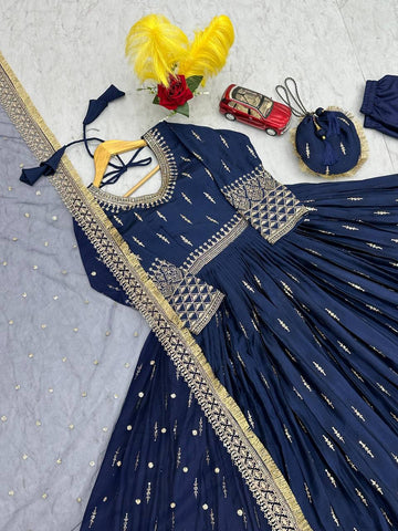 Marvelous Navy Color Heavy Pure Chinon Silk Embroidery Sequence Work Gown