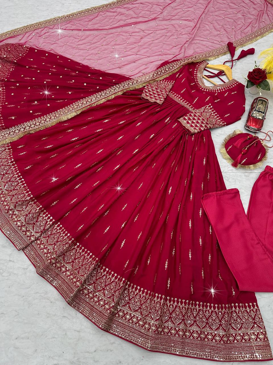 Trendy Pink Color Heavy Pure Chinon Silk Embroidery Sequence Work Gown