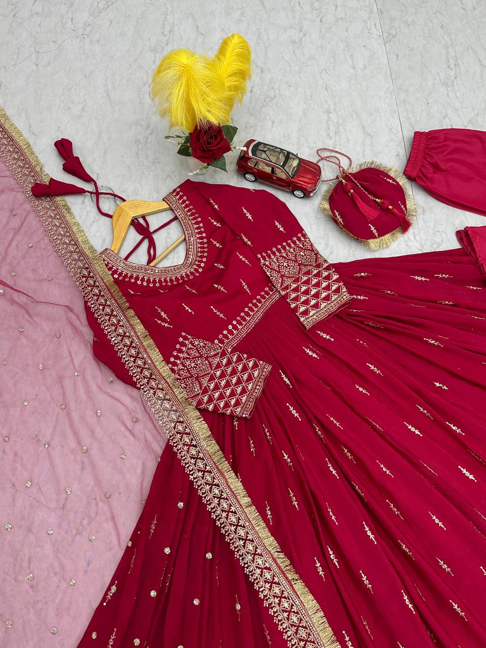 Trendy Pink Color Heavy Pure Chinon Silk Embroidery Sequence Work Gown