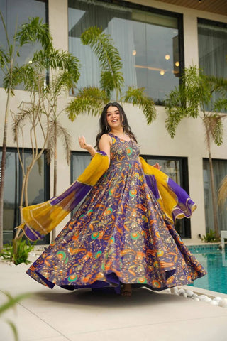 Reception Wear Navy Blue Color Digital Printed Jimmy Organza Silk Anarkali Gown