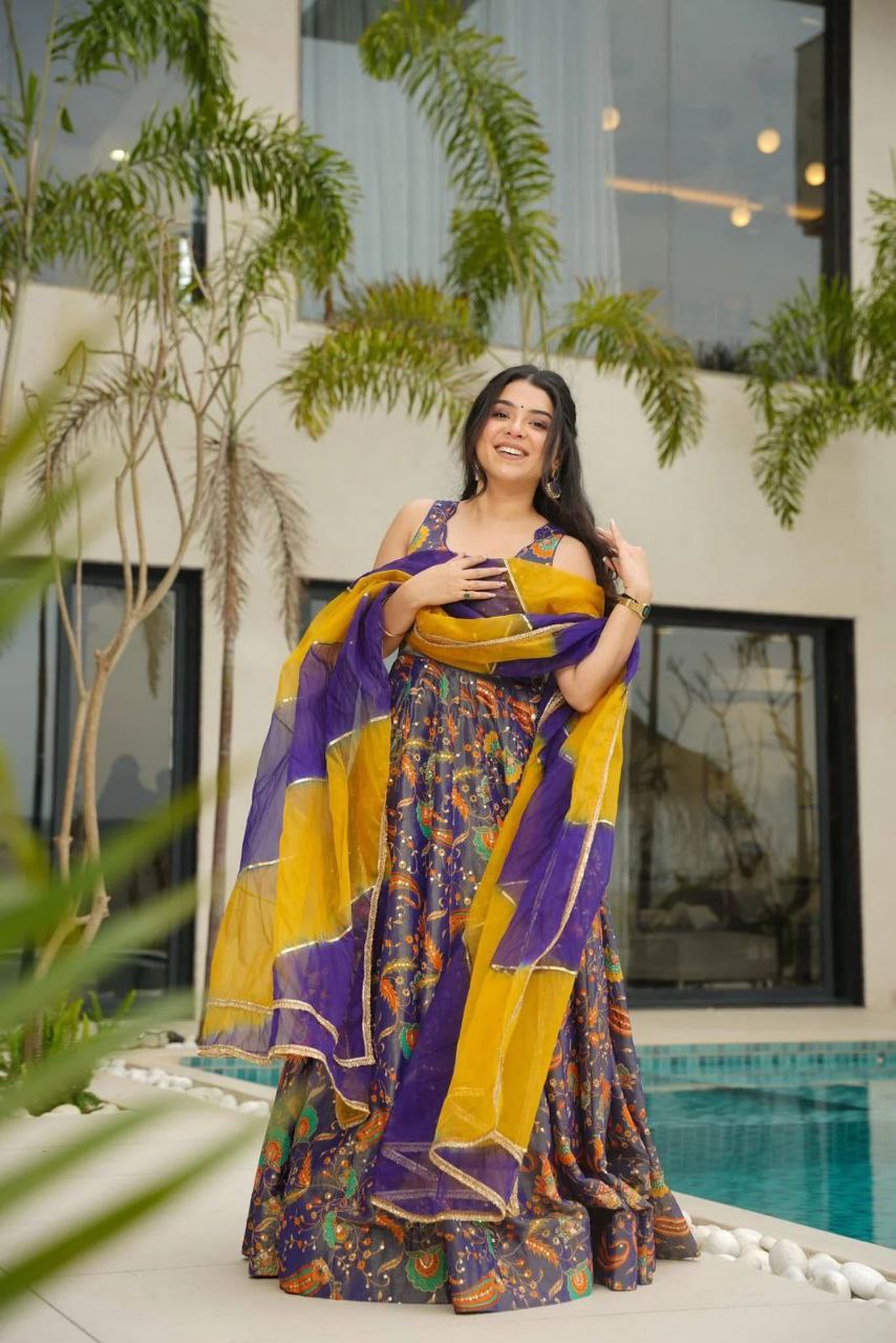 Reception Wear Navy Blue Color Digital Printed Jimmy Organza Silk Anarkali Gown