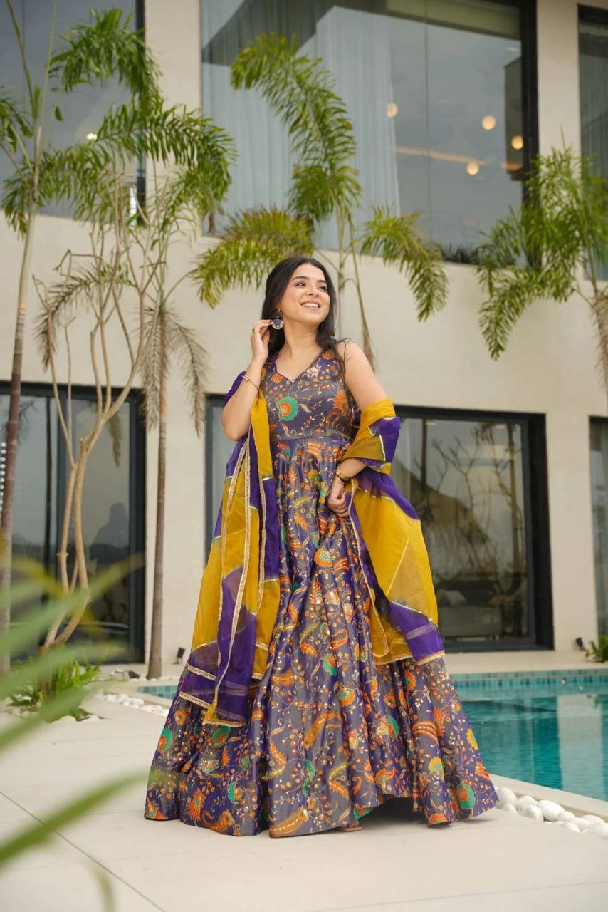 Reception Wear Navy Blue Color Digital Printed Jimmy Organza Silk Anarkali Gown