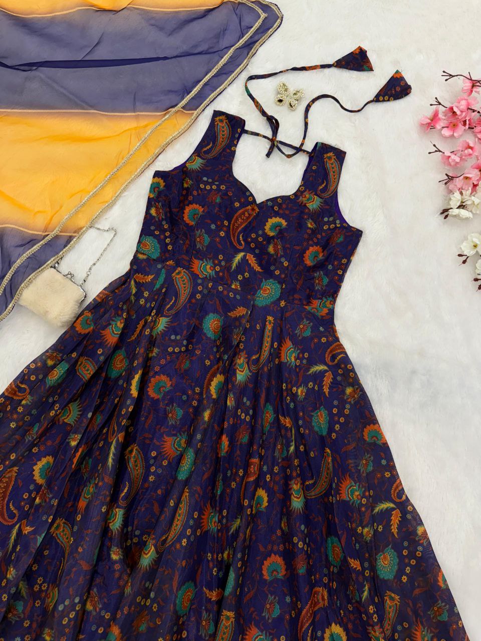 Reception Wear Navy Blue Color Digital Printed Jimmy Organza Silk Anarkali Gown