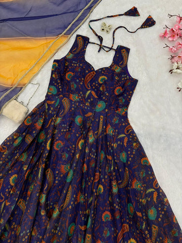 Reception Wear Navy Blue Color Digital Printed Jimmy Organza Silk Anarkali Gown