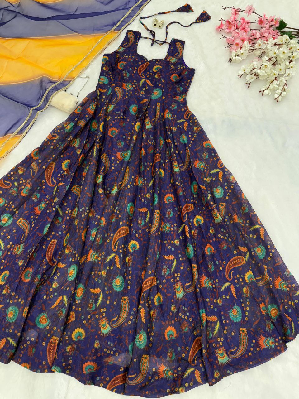 Reception Wear Navy Blue Color Digital Printed Jimmy Organza Silk Anarkali Gown