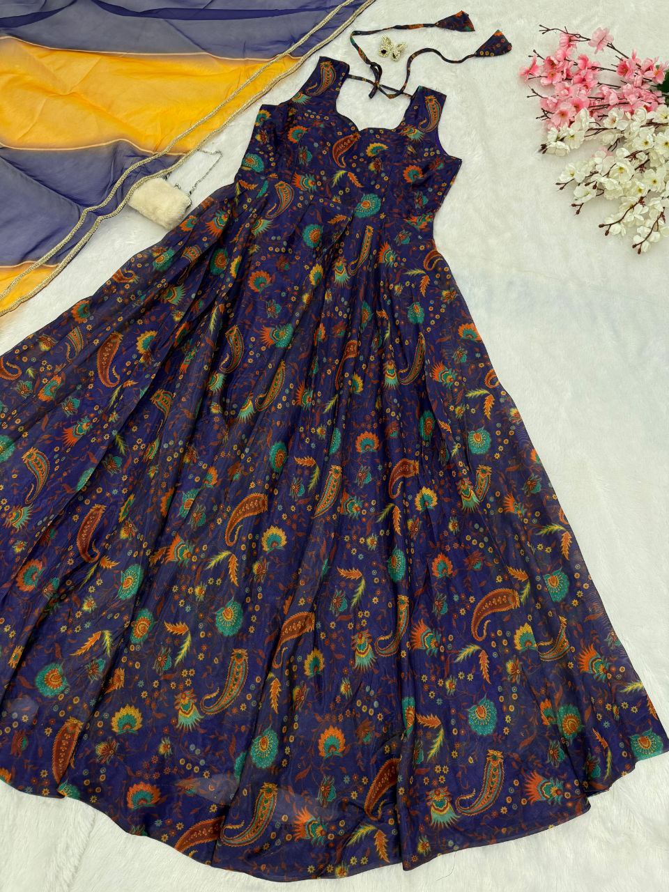 Reception Wear Navy Blue Color Digital Printed Jimmy Organza Silk Anarkali Gown