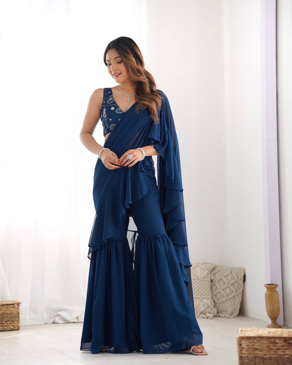 Festive Wear Teal Blue Color Pure Fox Georgette Fabric,Fancy Work Ready To Wear Saree